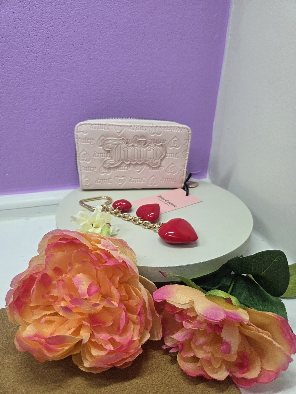 NWT Juicy Couture Upgrade U Bifold Wallet & Heart Bag Charm Set Powder Blush